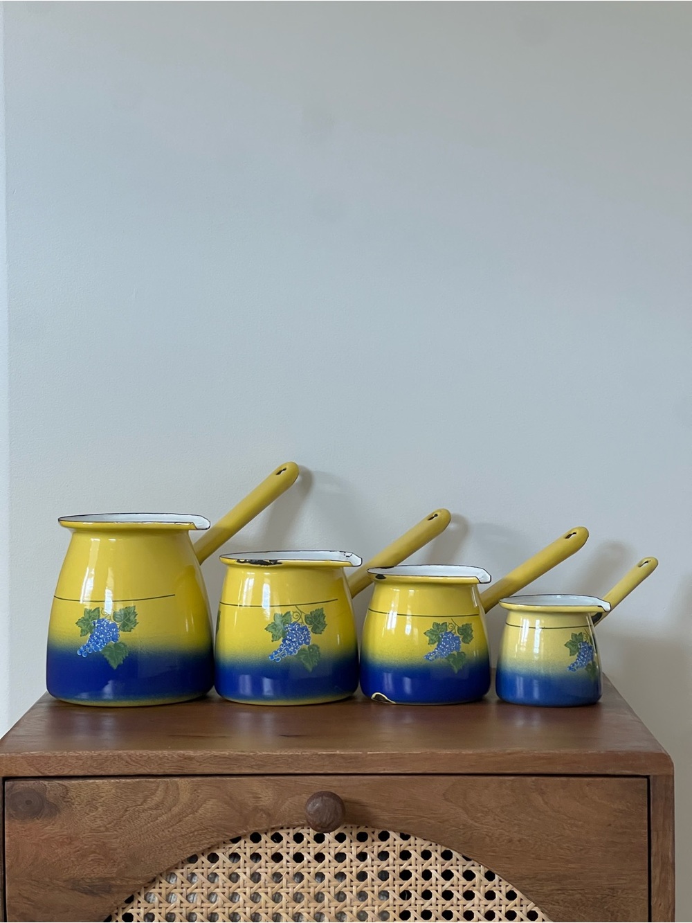 Vintage Enamelware Coffee Pot Set (4) - Mediterranean Grape Motif